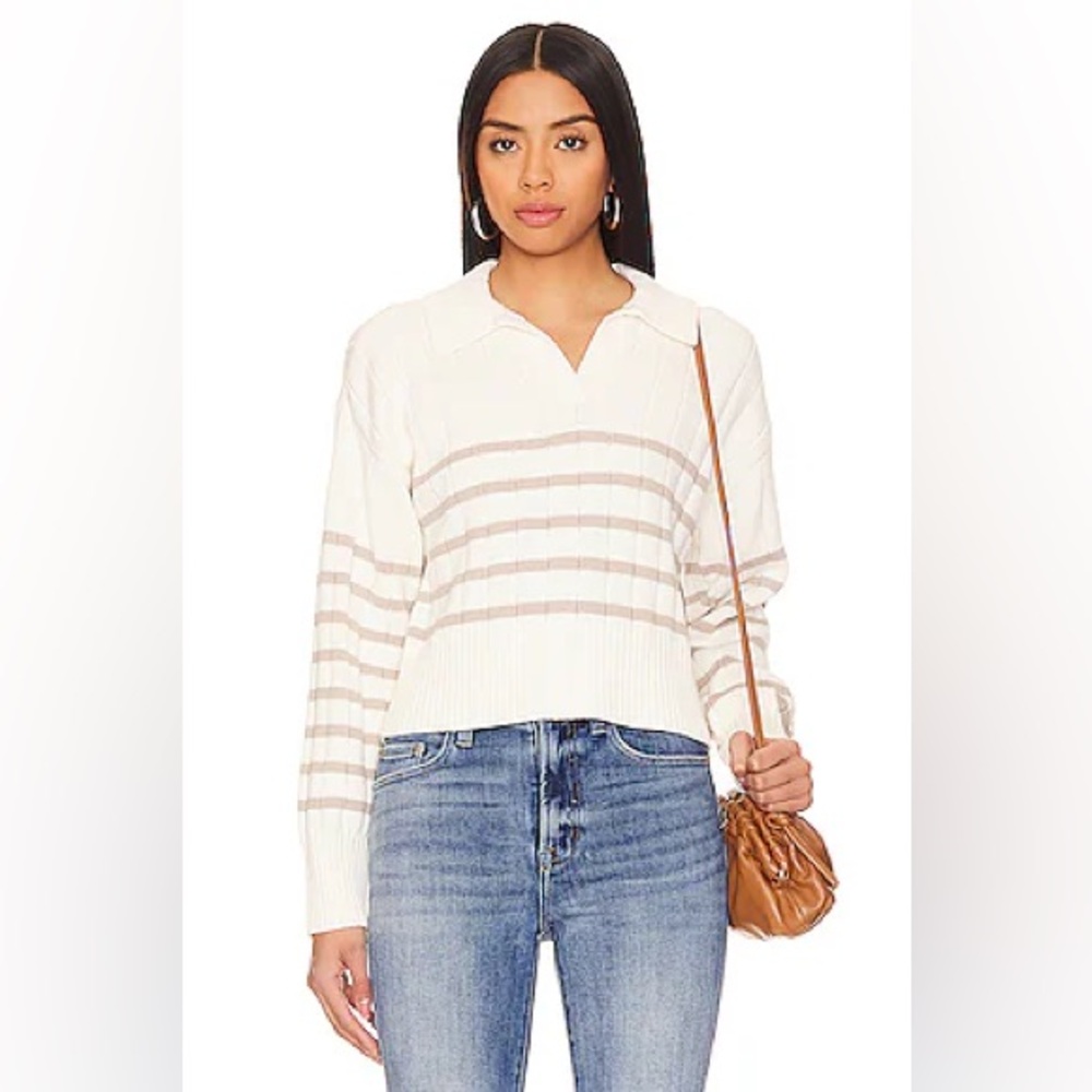 NWT! Pistola Arlo Polo Sweater in Ecru Ivory Tan Stripe Pullover V Neck Size M